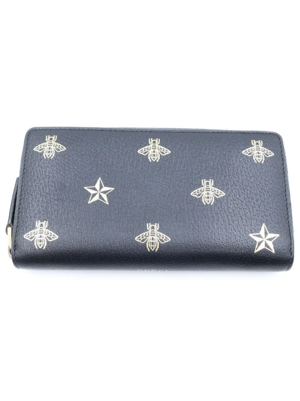 Gucci Bee Zip Around Wallet Card Case Black Leather Gold